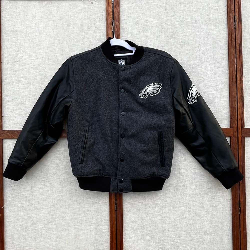 Philadelphia Eagles Wool Bomber Varsity Gray and Black NFL Team Apparel- L 14-16
